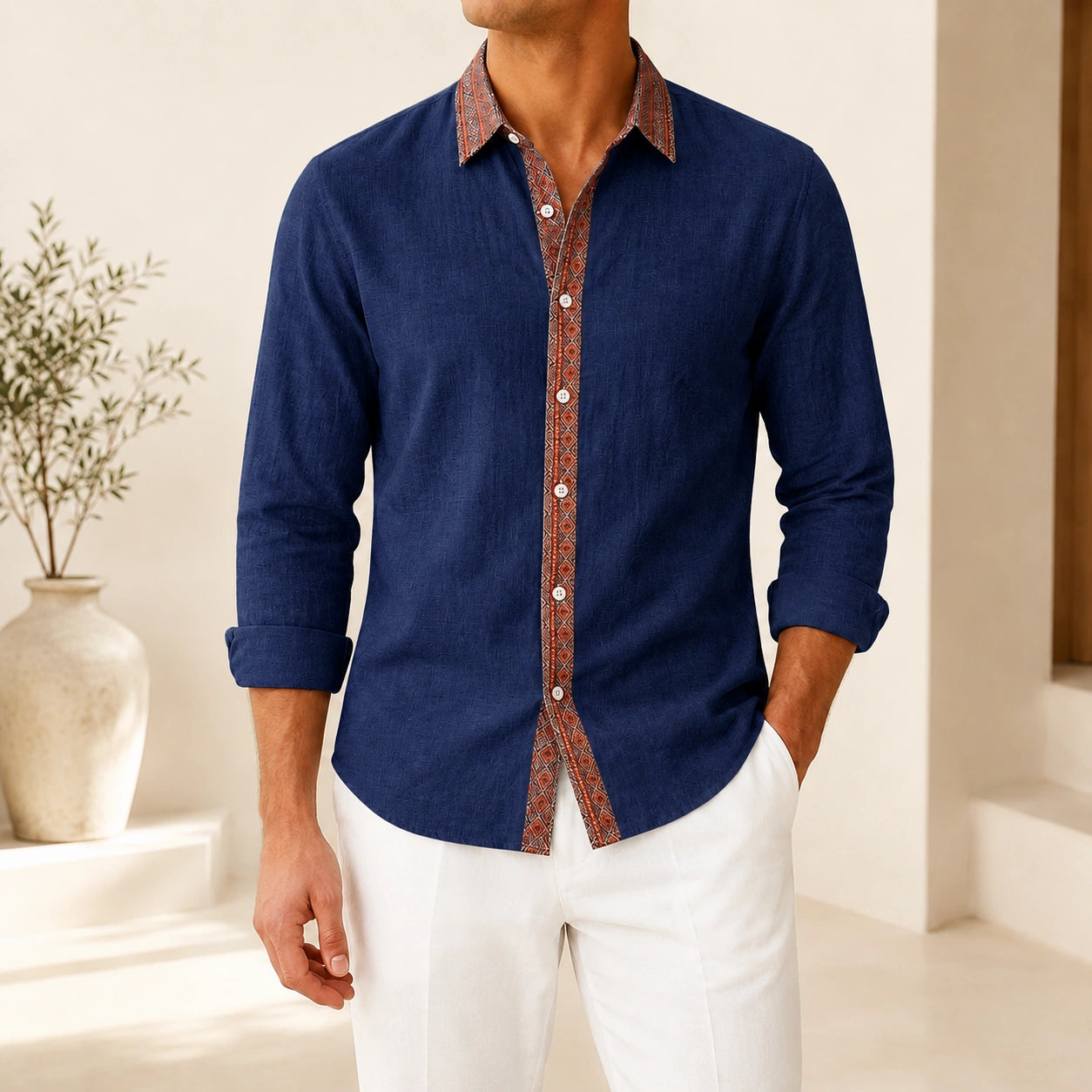 Mivanity Men's Retro Ethnic Folk Design Linen Long-Sleeve Shirts