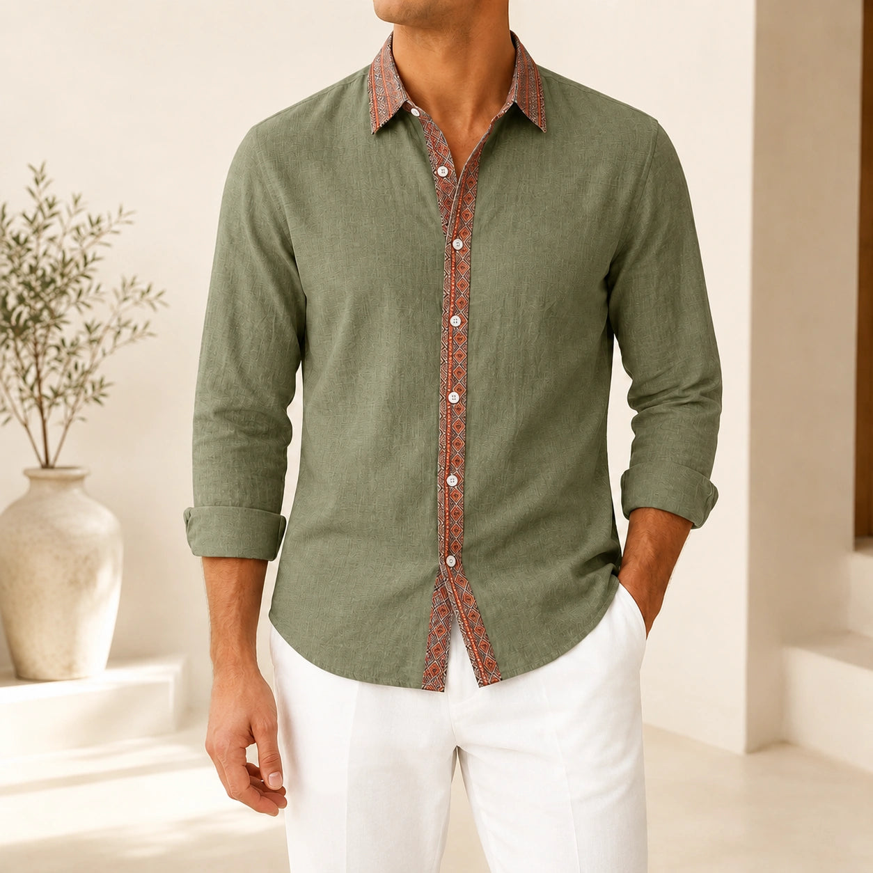 Mivanity Men's Retro Ethnic Folk Design Linen Long-Sleeve Shirts