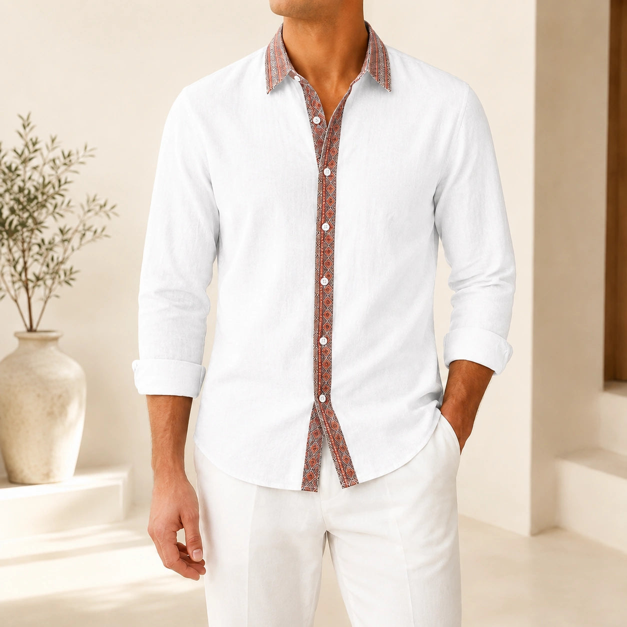 Mivanity Men's Retro Ethnic Folk Design Linen Long-Sleeve Shirts