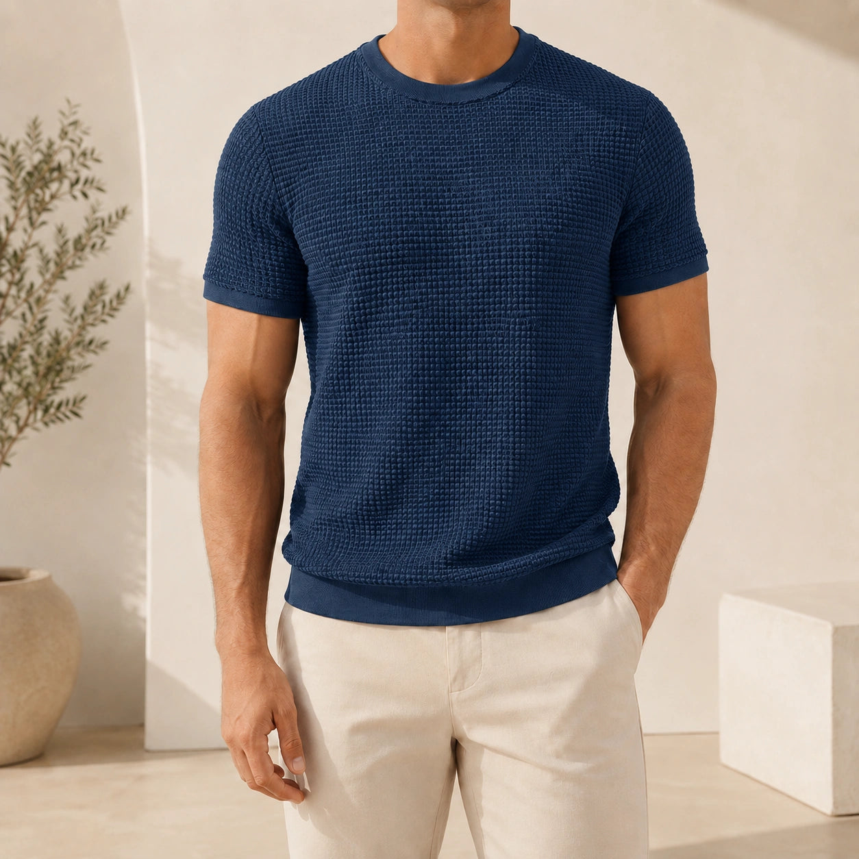 Mivanity Men's Ribbed Crew Neck Knit T-Shirts