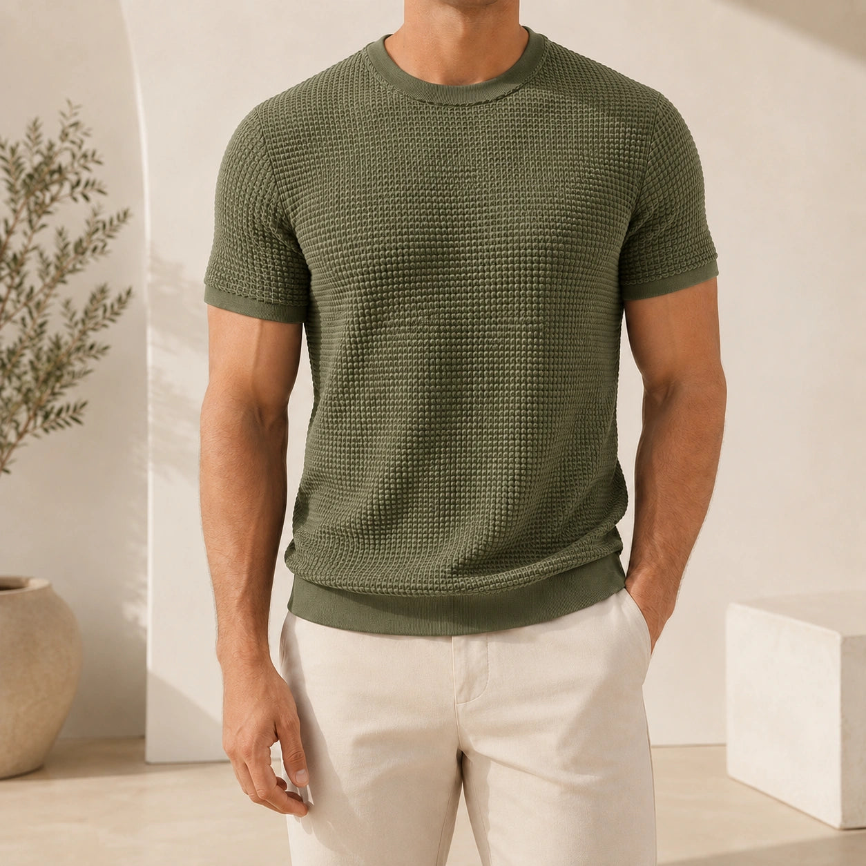 Mivanity Men's Ribbed Crew Neck Knit T-Shirts
