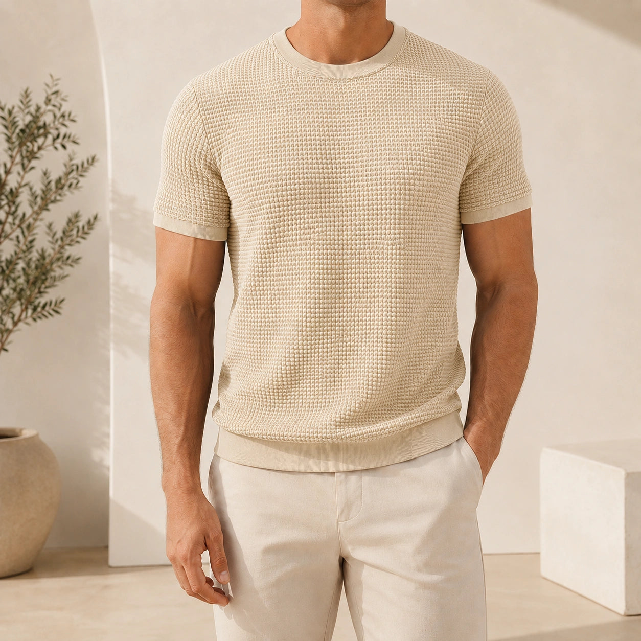 Mivanity Men's Ribbed Crew Neck Knit T-Shirts