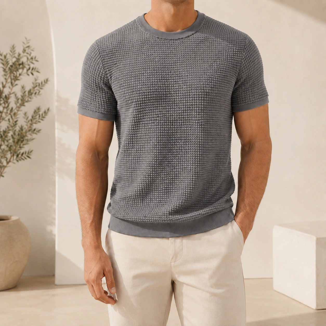 Mivanity Men's Ribbed Crew Neck Knit T-Shirts