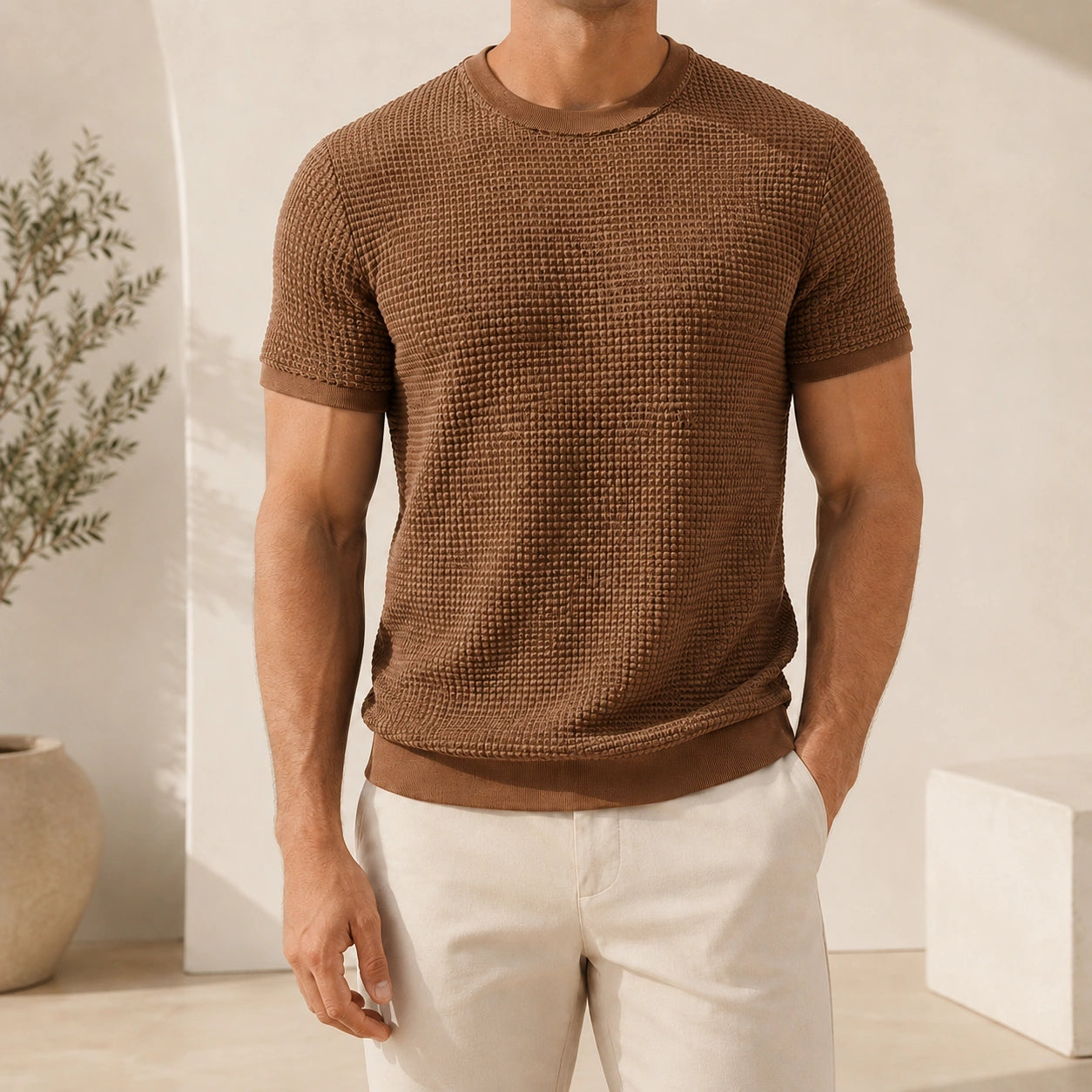 Mivanity Men's Ribbed Crew Neck Knit T-Shirts