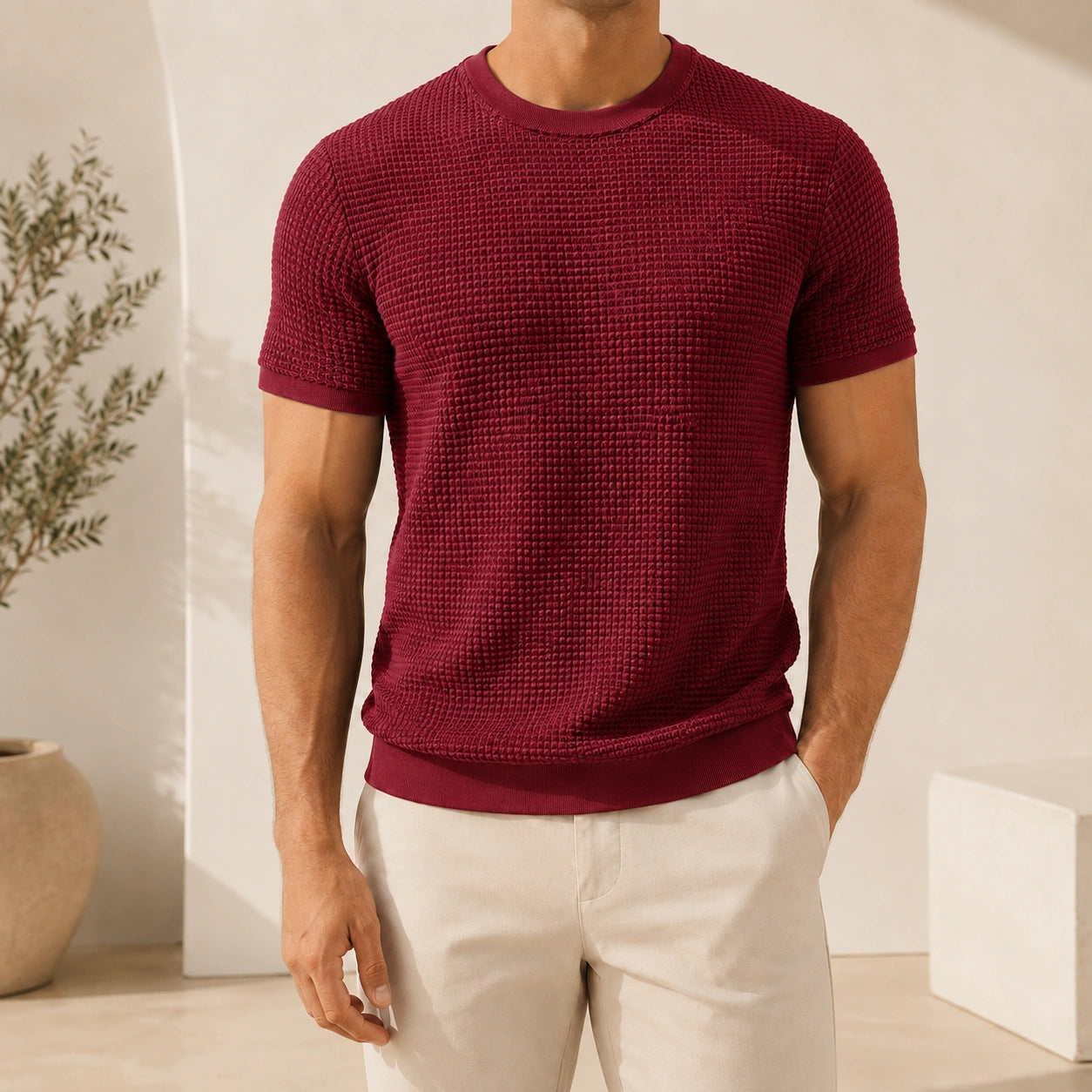 Mivanity Men's Ribbed Crew Neck Knit T-Shirts