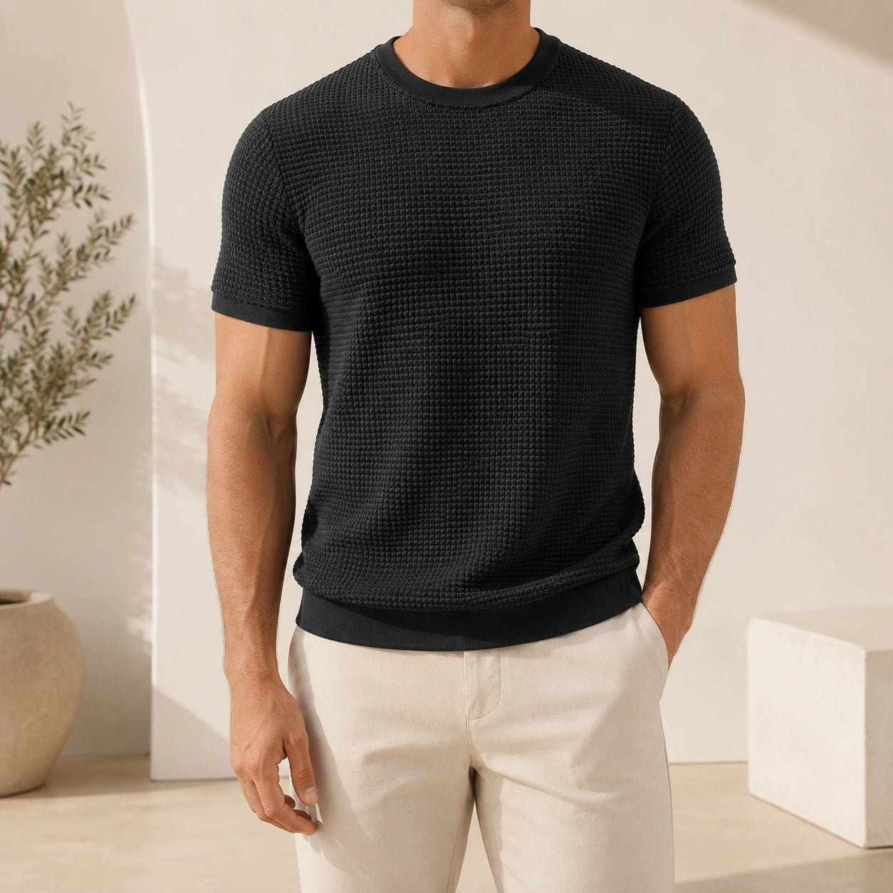 Mivanity Men's Ribbed Crew Neck Knit T-Shirts