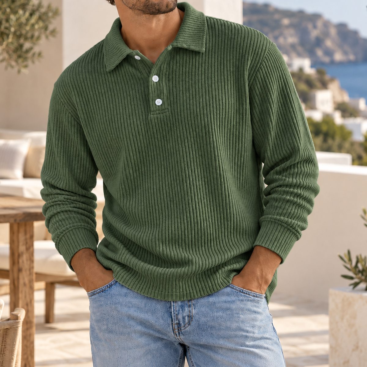 Mivanity Men's Ribbed Knit Polo Sweater Long Sleeve Relaxed Fit Casual Pullover