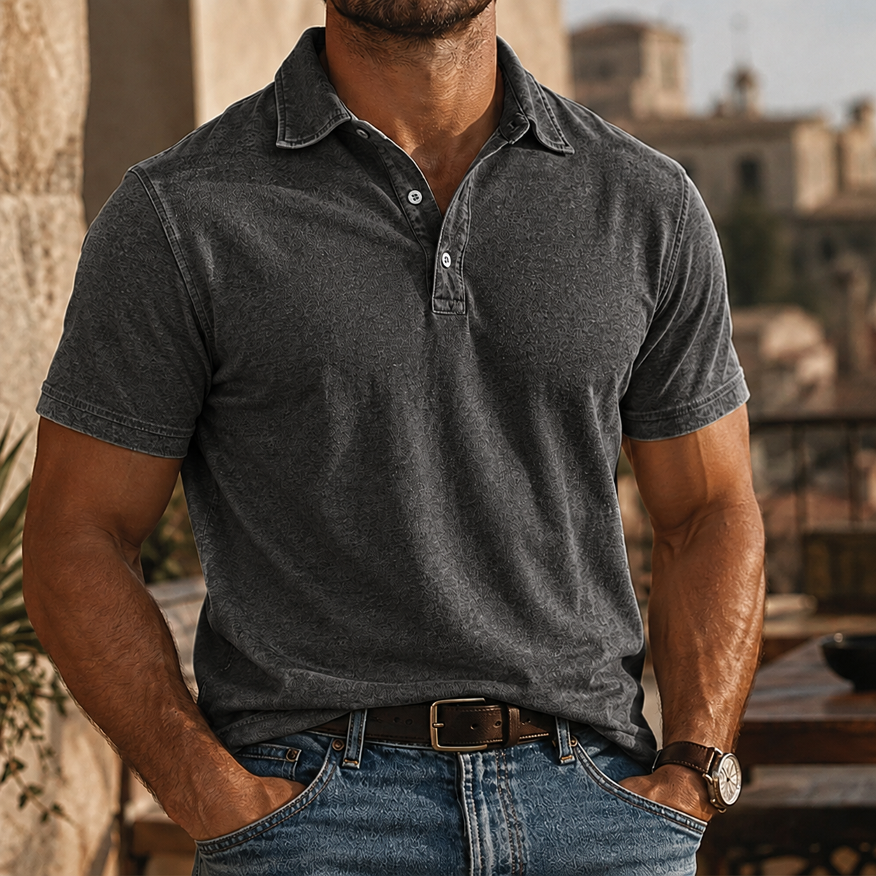 Mivanity Men's Rugged Washed Cotton Polo Shirt