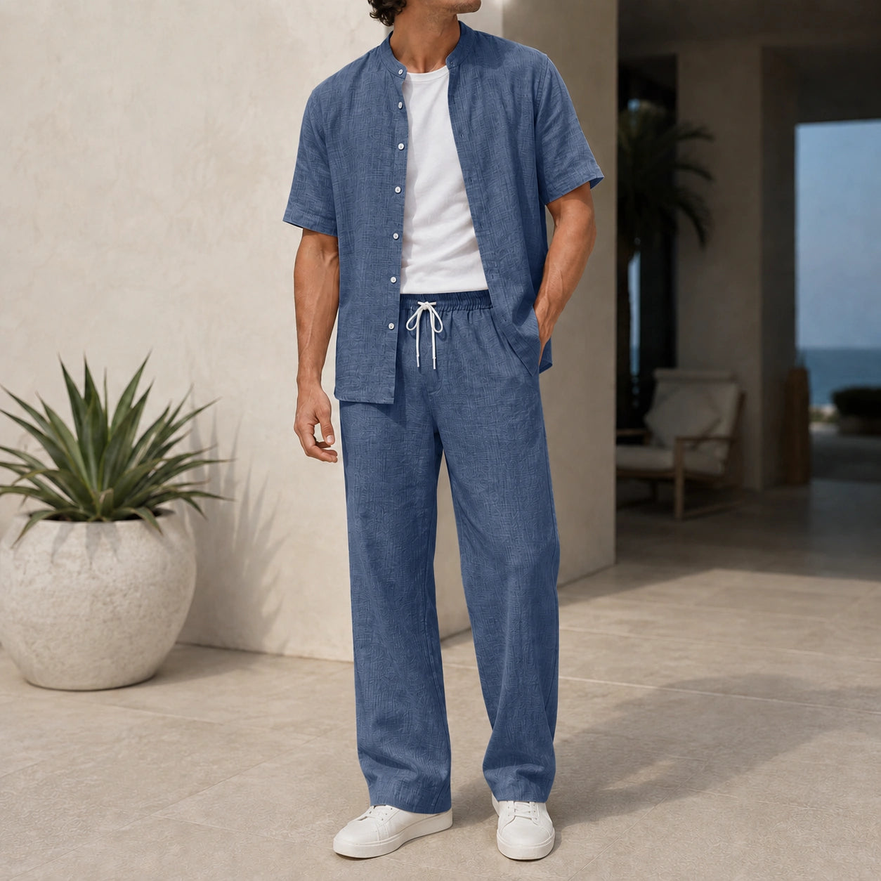 Mivanity Men's Short-Sleeve Shirt Long Pants 2-Piece Sets