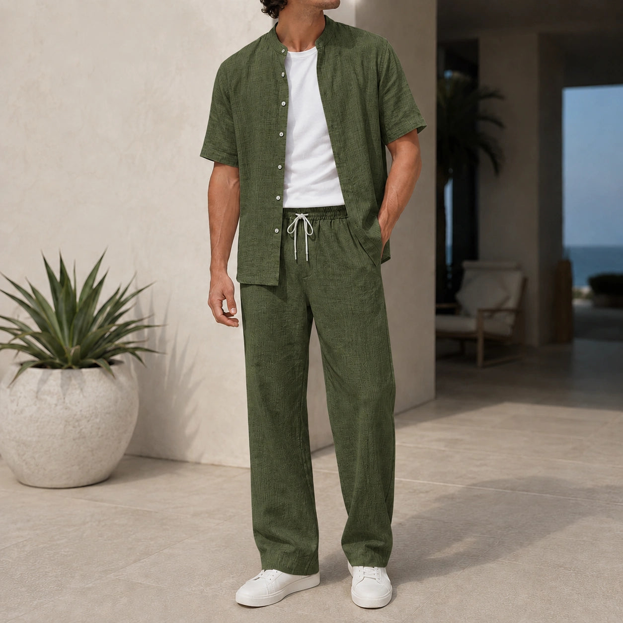 Mivanity Men's Short-Sleeve Shirt Long Pants 2-Piece Sets