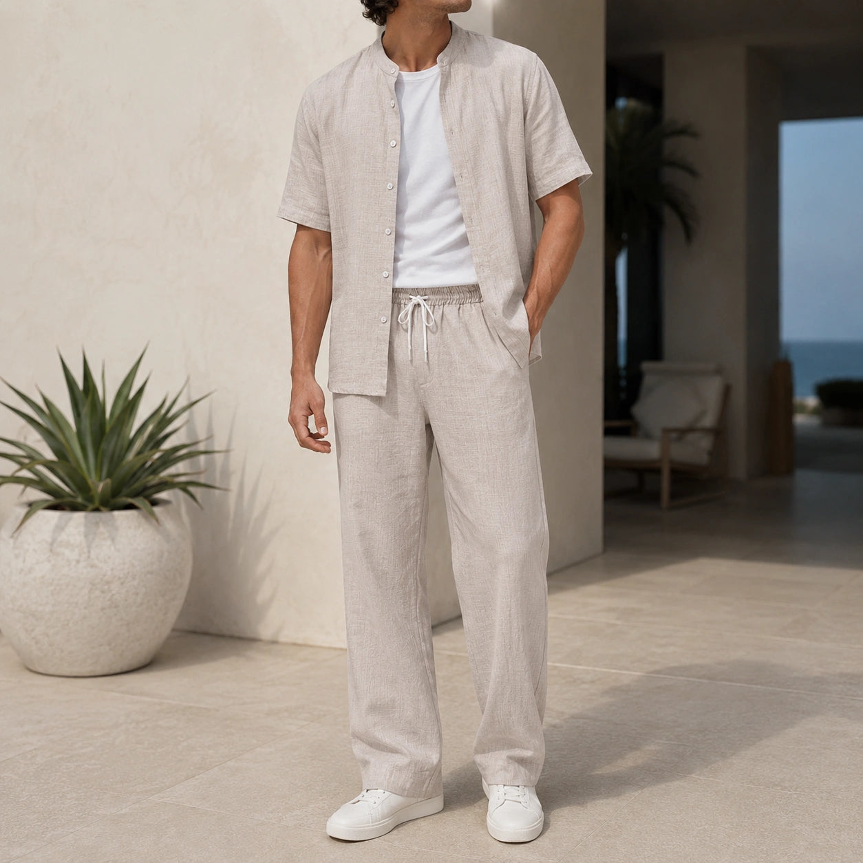 Mivanity Men's Short-Sleeve Shirt Long Pants 2-Piece Sets