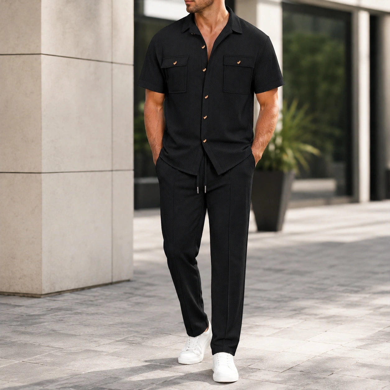 Mivanity Men's Short-Sleeve Shirt Long Pants 2-Piece Summer Sets