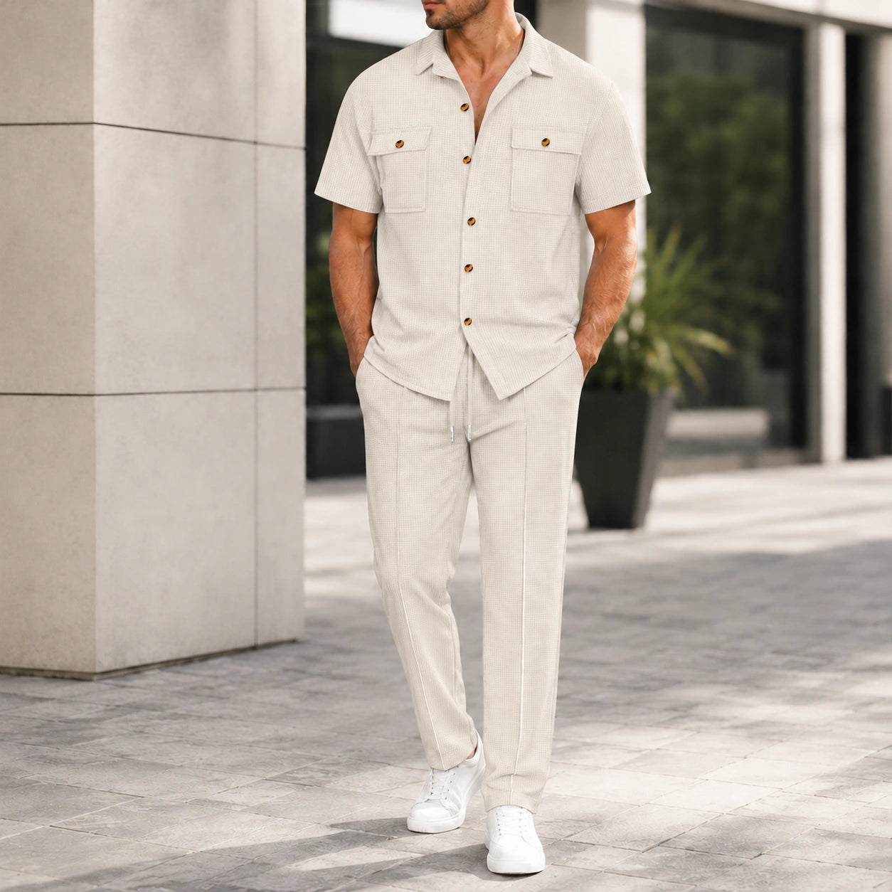 Mivanity Men's Short-Sleeve Shirt Long Pants 2-Piece Summer Sets