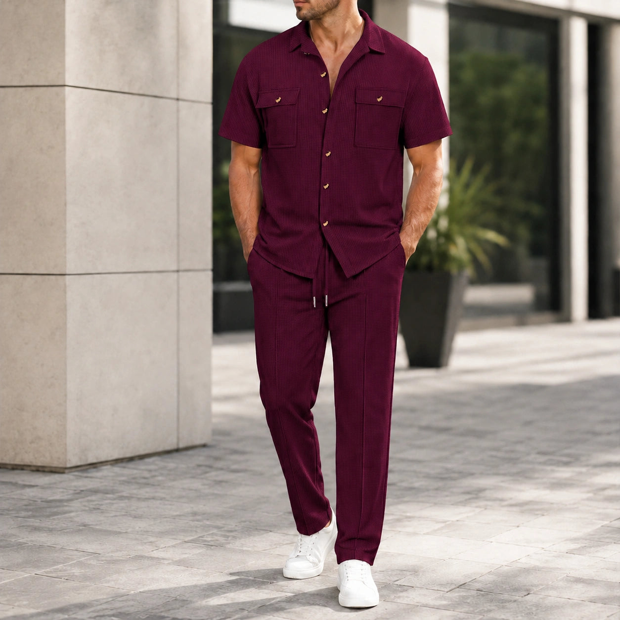 Mivanity Men's Short-Sleeve Shirt Long Pants 2-Piece Summer Sets