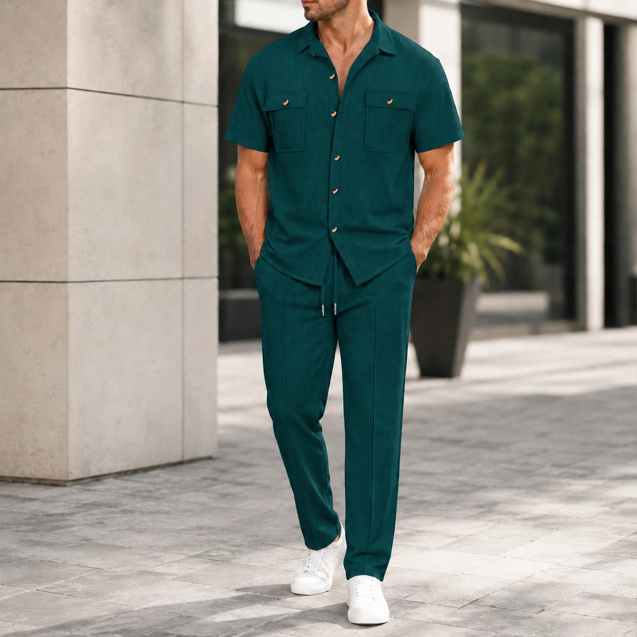 Mivanity Men's Short-Sleeve Shirt Long Pants 2-Piece Summer Sets