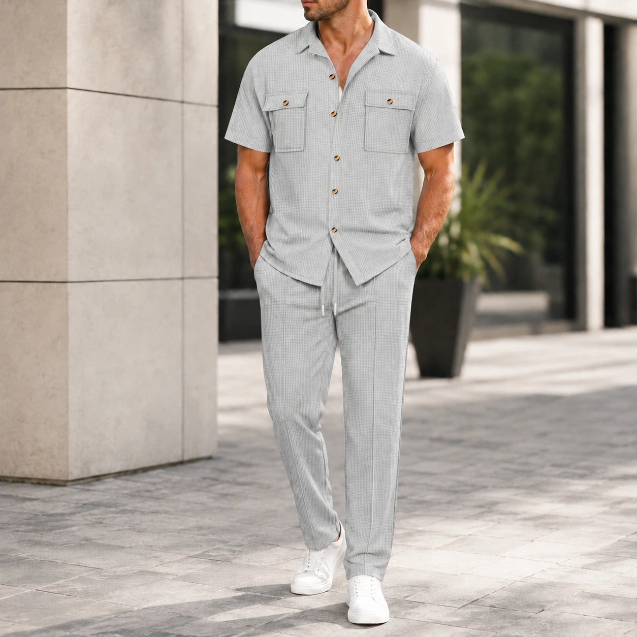 Mivanity Men's Short-Sleeve Shirt Long Pants 2-Piece Summer Sets