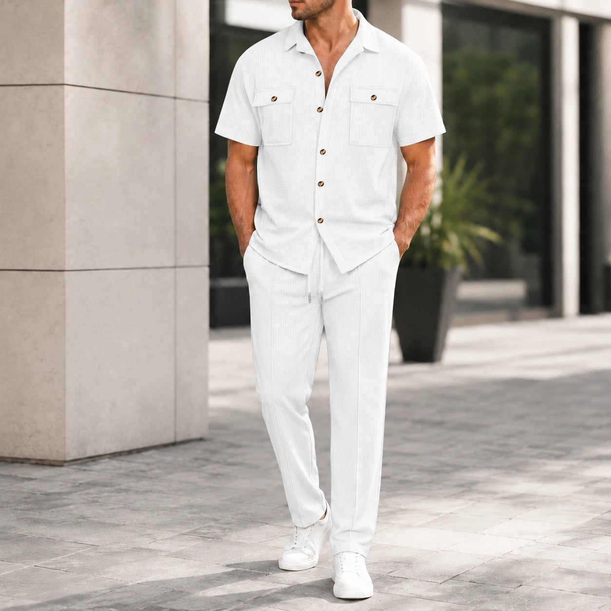 Mivanity Men's Short-Sleeve Shirt Long Pants 2-Piece Summer Sets