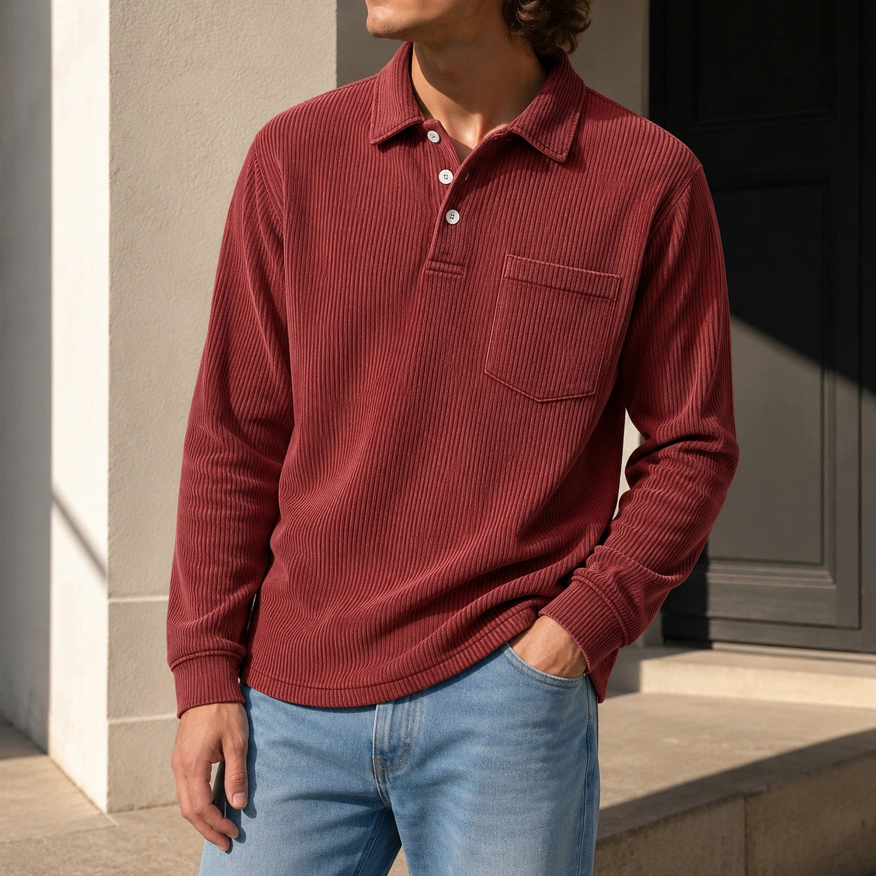 Mivanity Men's Simple Daily Pitted Textured Lapel Long-sleeved Polo Shirts