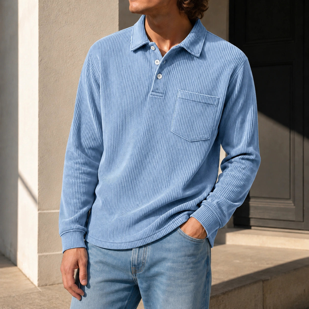 Mivanity Men's Simple Daily Pitted Textured Lapel Long-sleeved Polo Shirts