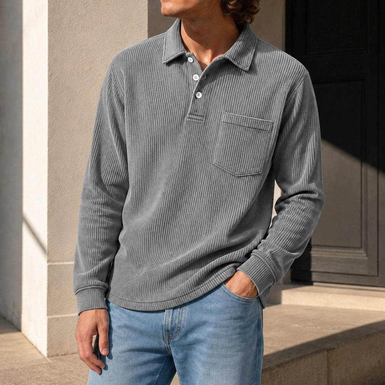 Mivanity Men's Simple Daily Pitted Textured Lapel Long-sleeved Polo Shirts