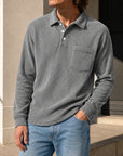 Mivanity Men's Simple Daily Pitted Textured Lapel Long-sleeved Polo Shirts