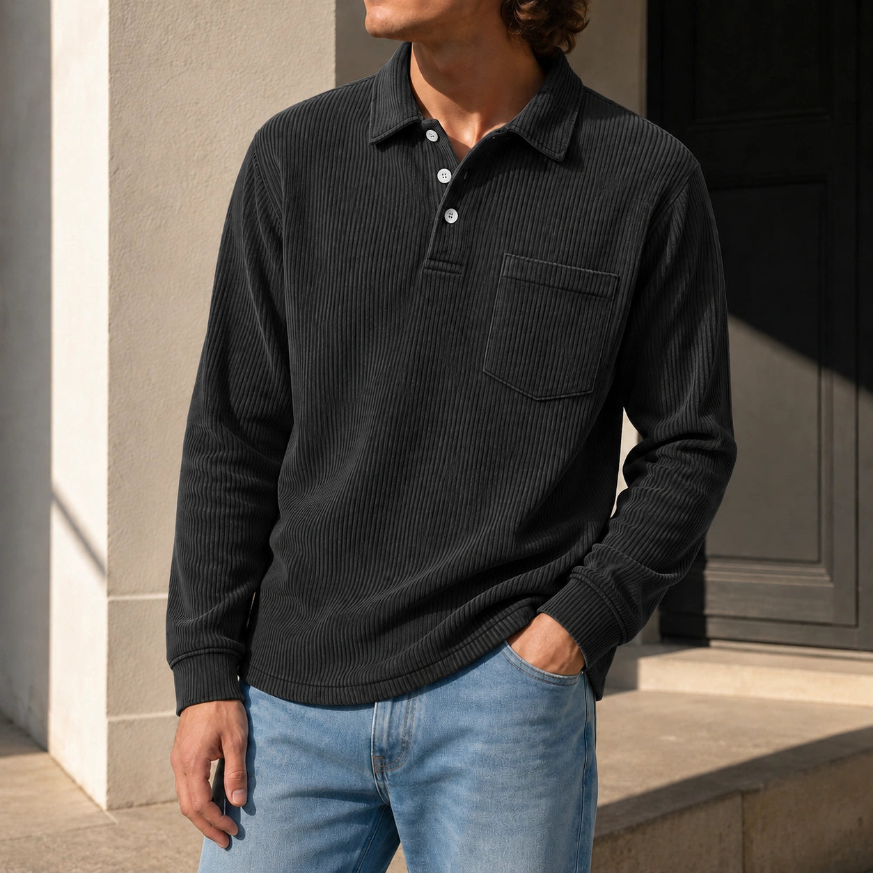 Mivanity Men's Simple Daily Pitted Textured Lapel Long-sleeved Polo Shirts