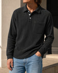 Mivanity Men's Simple Daily Pitted Textured Lapel Long-sleeved Polo Shirts