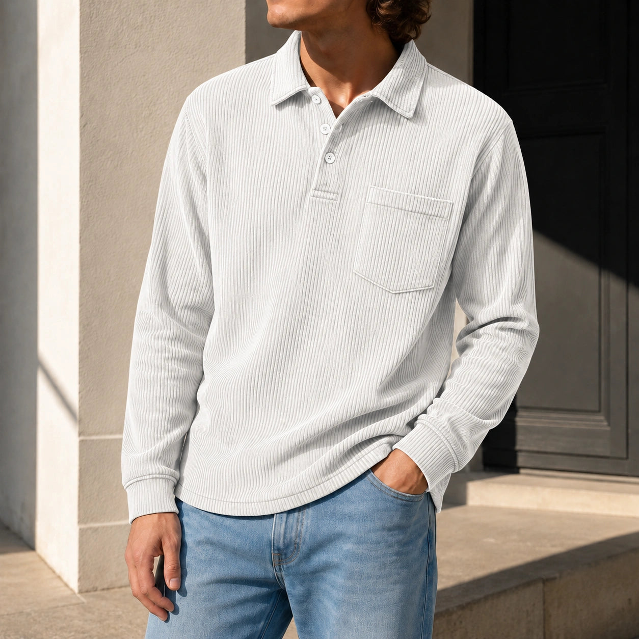 Mivanity Men's Simple Daily Pitted Textured Lapel Long-sleeved Polo Shirts