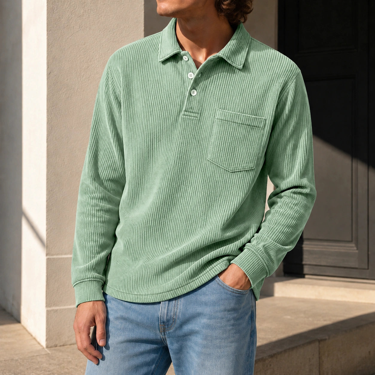 Mivanity Men's Simple Daily Pitted Textured Lapel Long-sleeved Polo Shirts