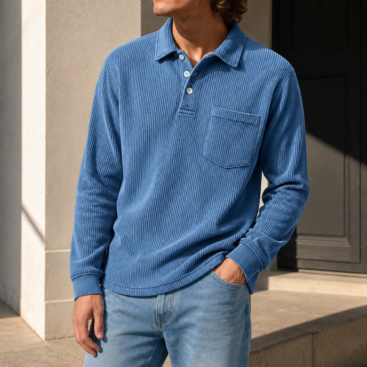 Mivanity Men's Simple Daily Pitted Textured Lapel Long-sleeved Polo Shirts