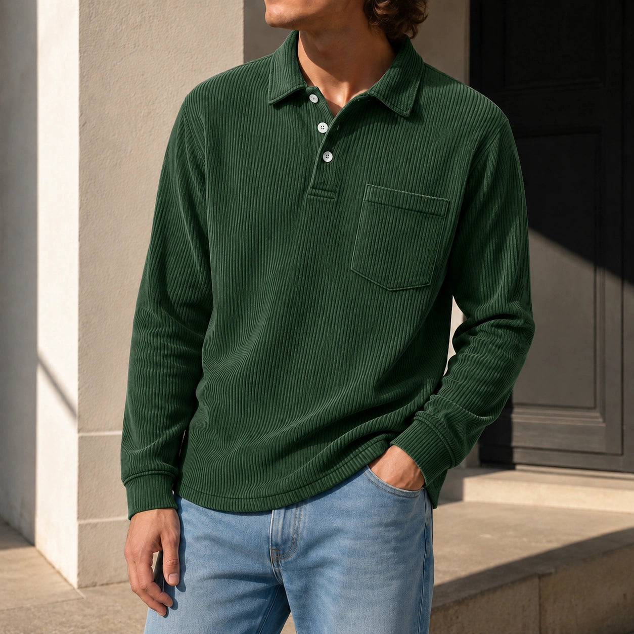 Mivanity Men's Simple Daily Pitted Textured Lapel Long-sleeved Polo Shirts