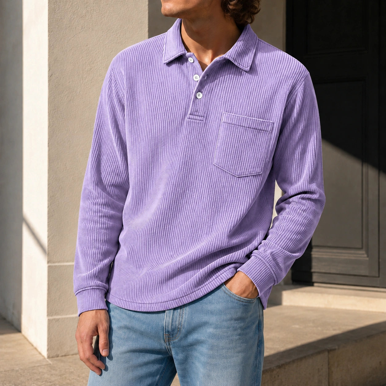 Mivanity Men's Simple Daily Pitted Textured Lapel Long-sleeved Polo Shirts