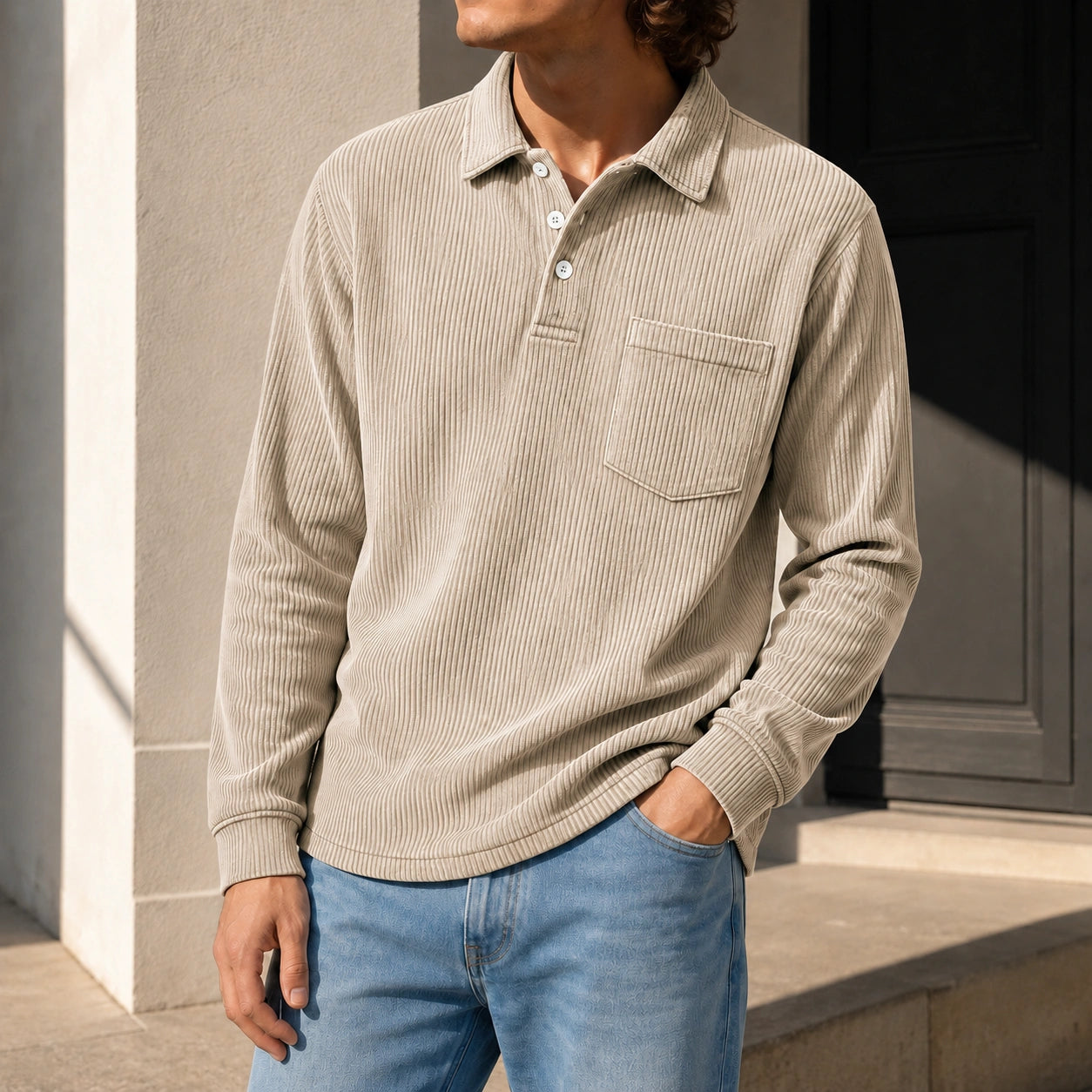Mivanity Men's Simple Daily Pitted Textured Lapel Long-sleeved Polo Shirts