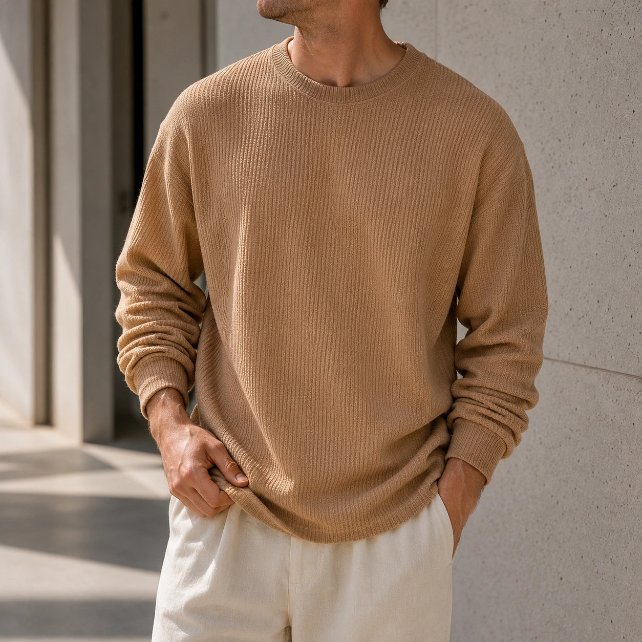 Mivanity Men's Simple Daily Solid Color Texture Round Neck Long-sleeved T-shirt