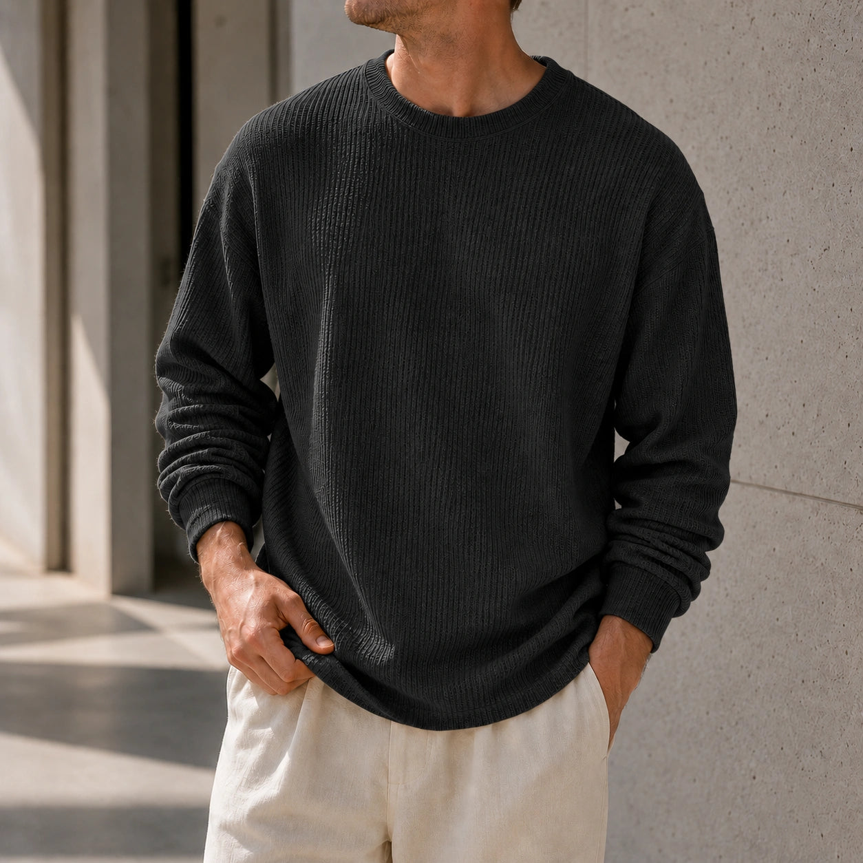 Mivanity Men's Simple Daily Solid Color Texture Round Neck Long-sleeved T-shirt