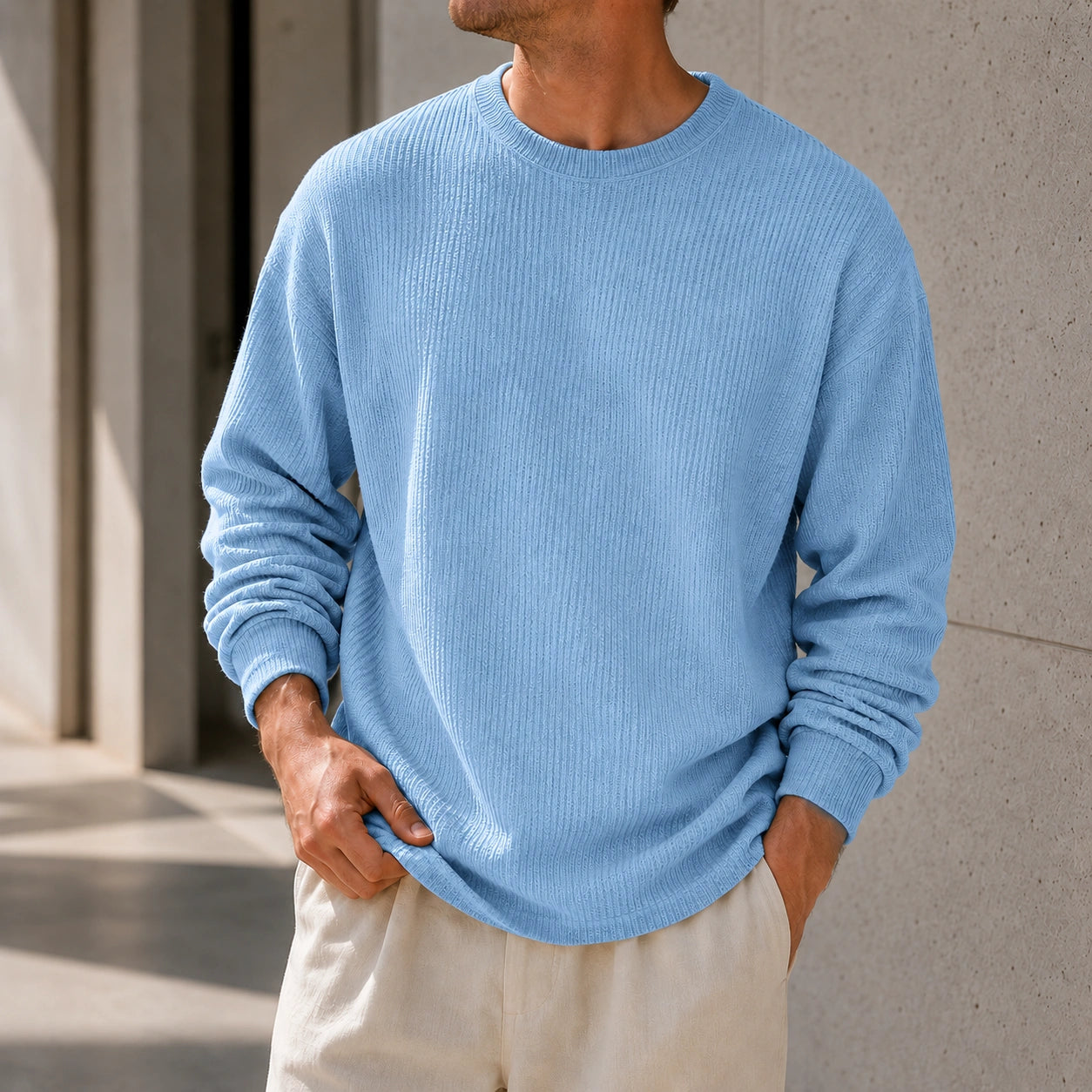 Mivanity Men's Simple Daily Solid Color Texture Round Neck Long-sleeved T-shirt