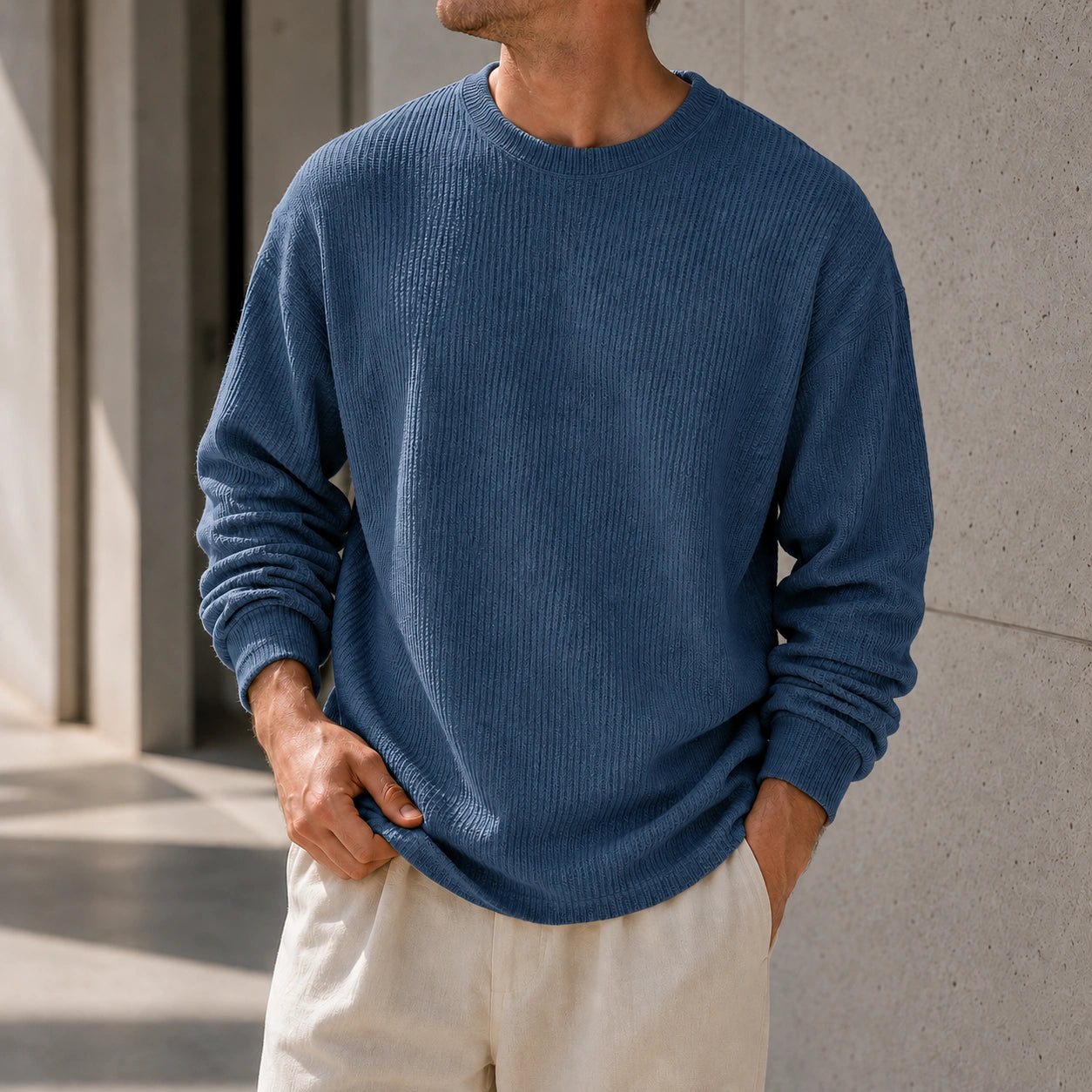 Mivanity Men's Simple Daily Solid Color Texture Round Neck Long-sleeved T-shirt