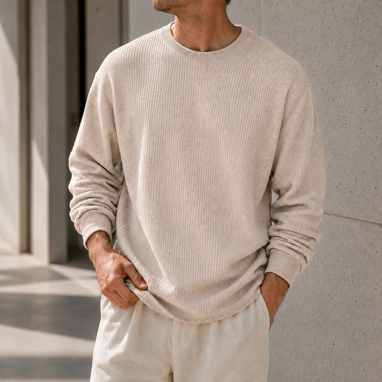 Mivanity Men's Simple Daily Solid Color Texture Round Neck Long-sleeved T-shirt