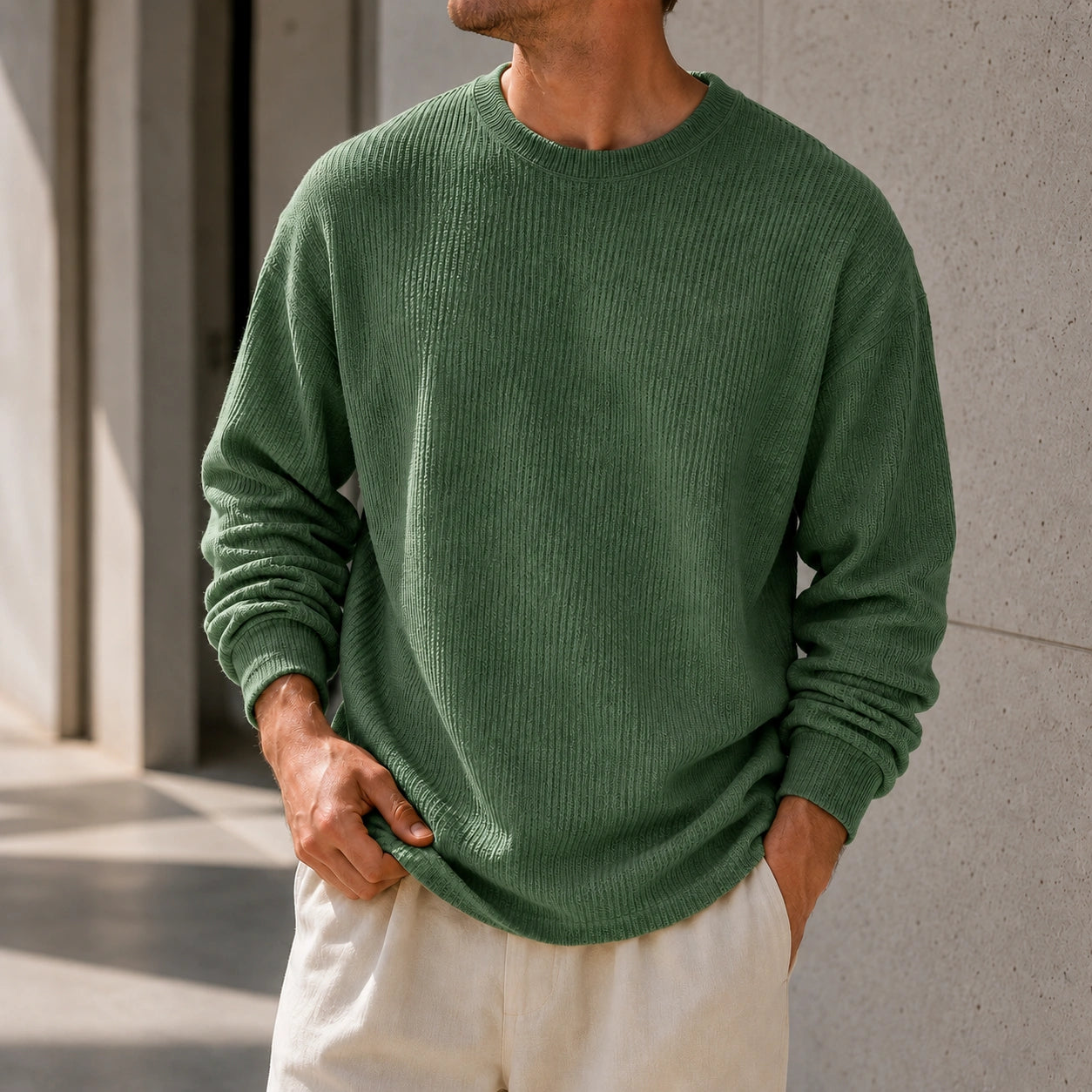 Mivanity Men's Simple Daily Solid Color Texture Round Neck Long-sleeved T-shirt
