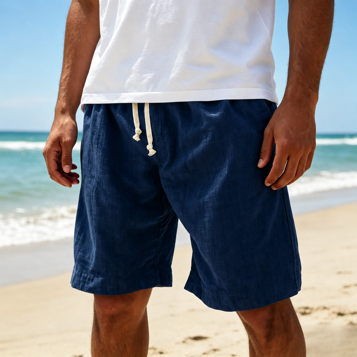 Mivanity Men's Soft Crinkled Gauze Breathable Holiday Embroidery Lace-up Shorts