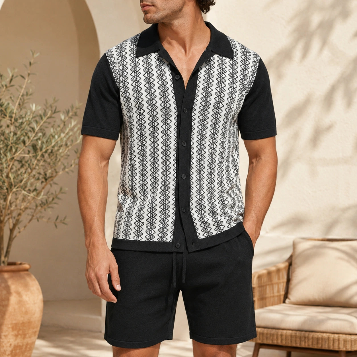 Mivanity Men's Solid Color Knit Cardigan Shorts Sets