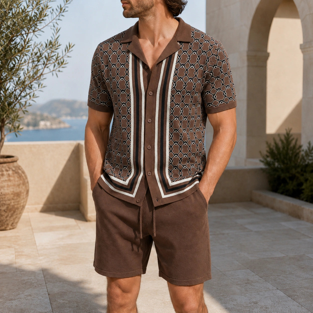 Mivanity Men's Solid Color Knit Cardigan Shorts Sets