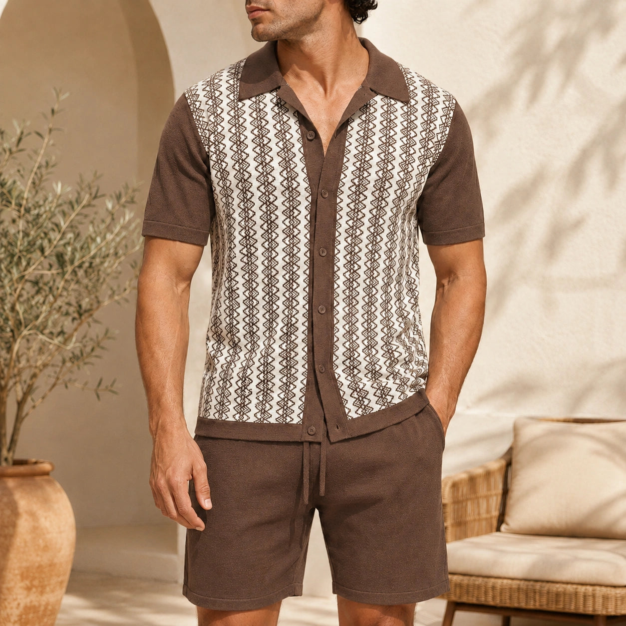 Mivanity Men's Solid Color Knit Cardigan Shorts Sets
