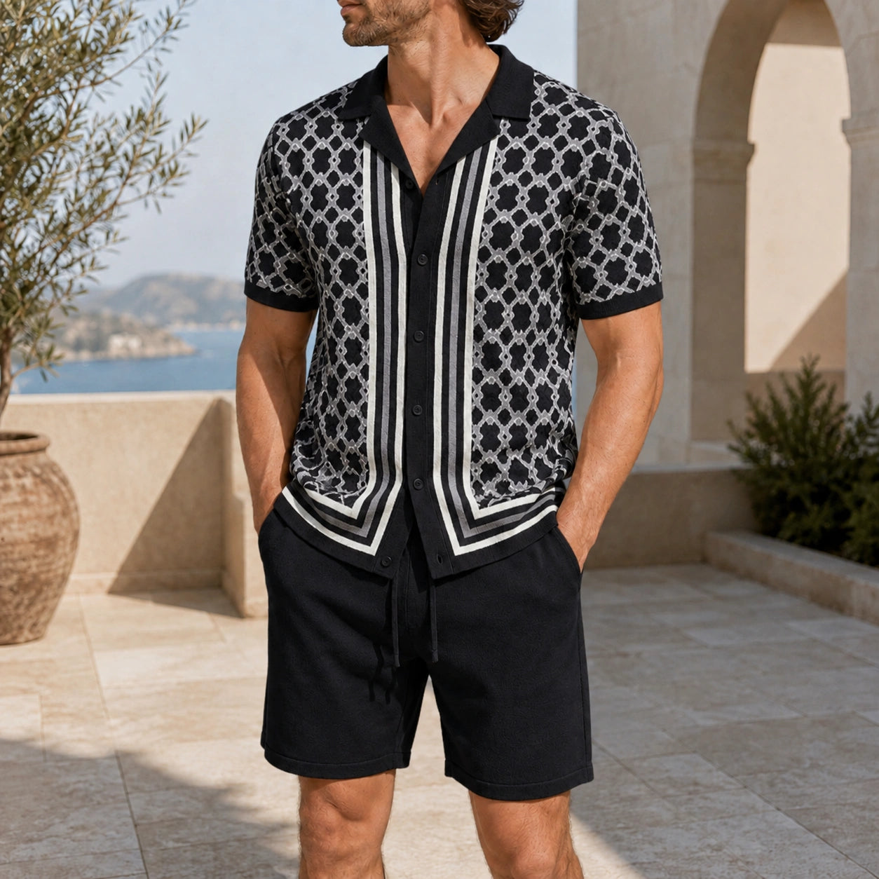 Mivanity Men's Solid Color Knit Cardigan Shorts Sets