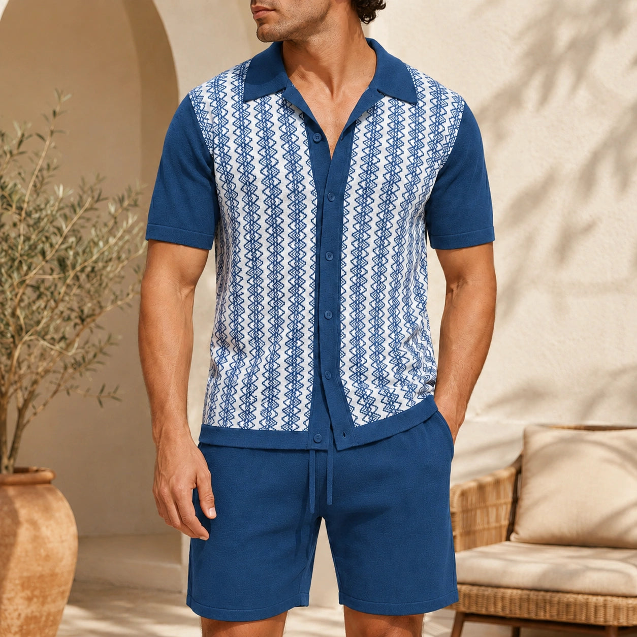 Mivanity Men's Solid Color Knit Cardigan Shorts Sets