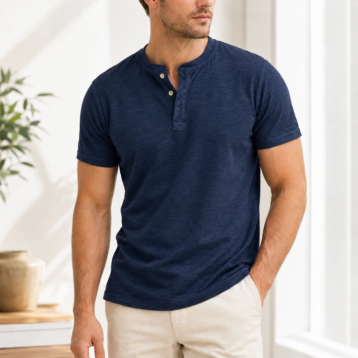 Mivanity Men's Solid Color Short-Sleeve Henley T-Shirts
