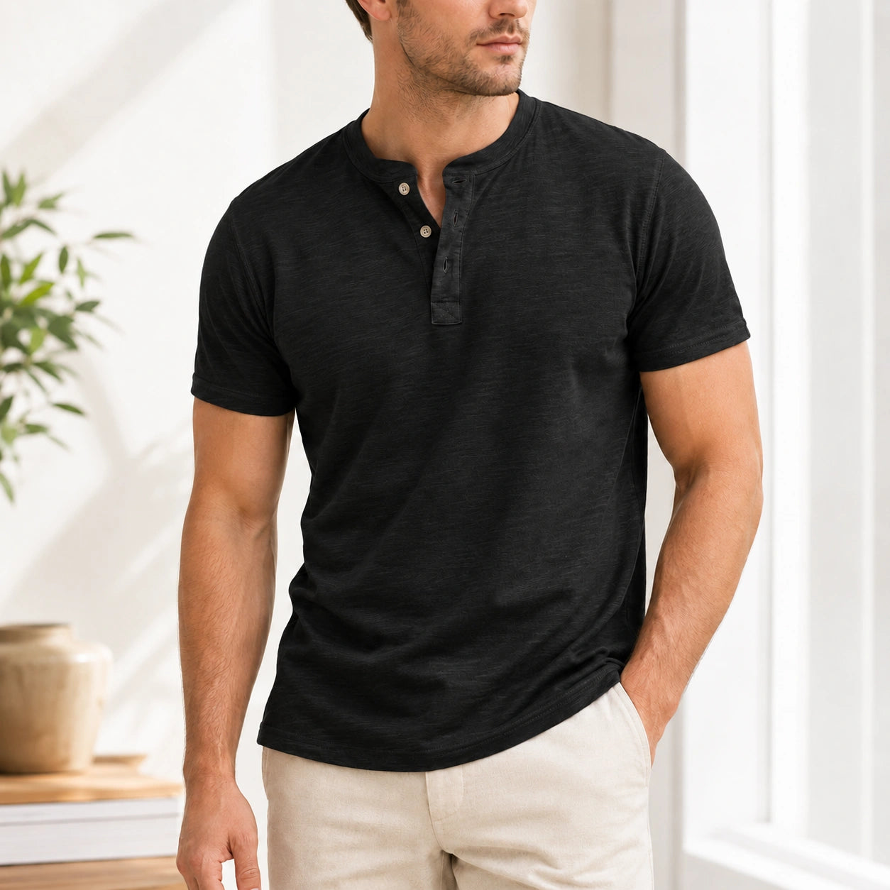 Mivanity Men's Solid Color Short-Sleeve Henley T-Shirts