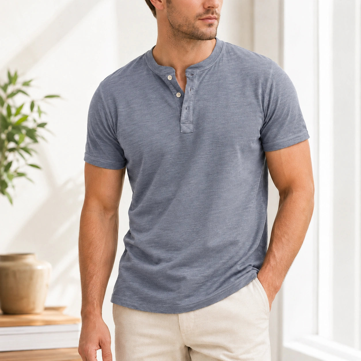 Mivanity Men's Solid Color Short-Sleeve Henley T-Shirts
