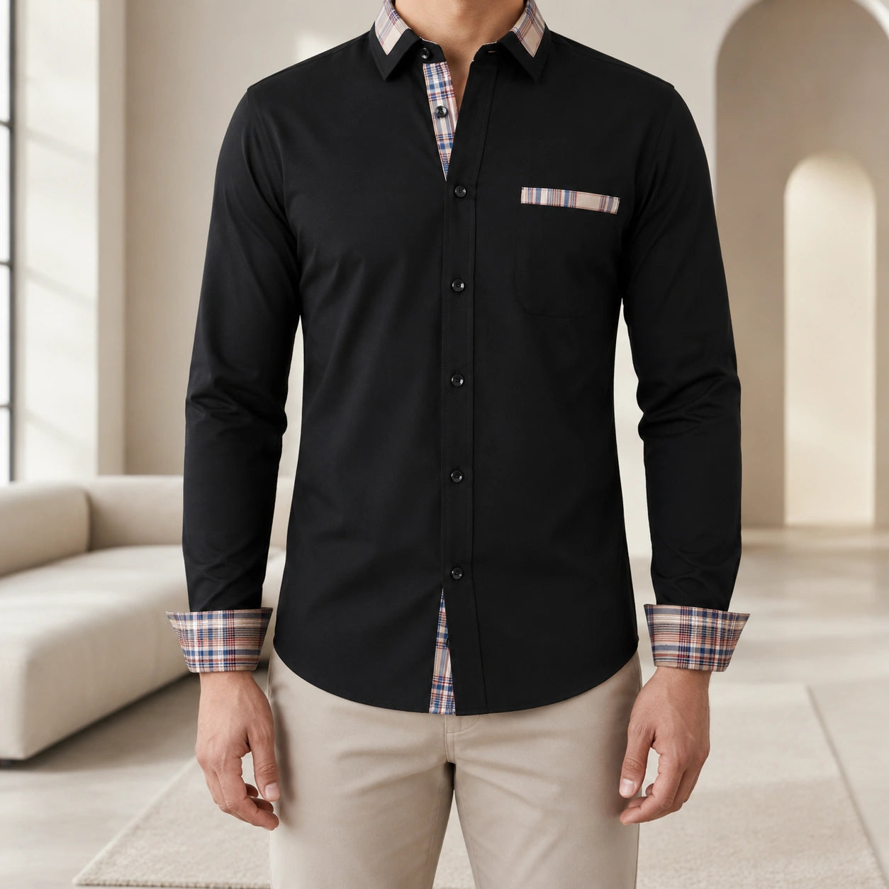 Mivanity Men's Stretch Color-Block Square Collar Shirts
