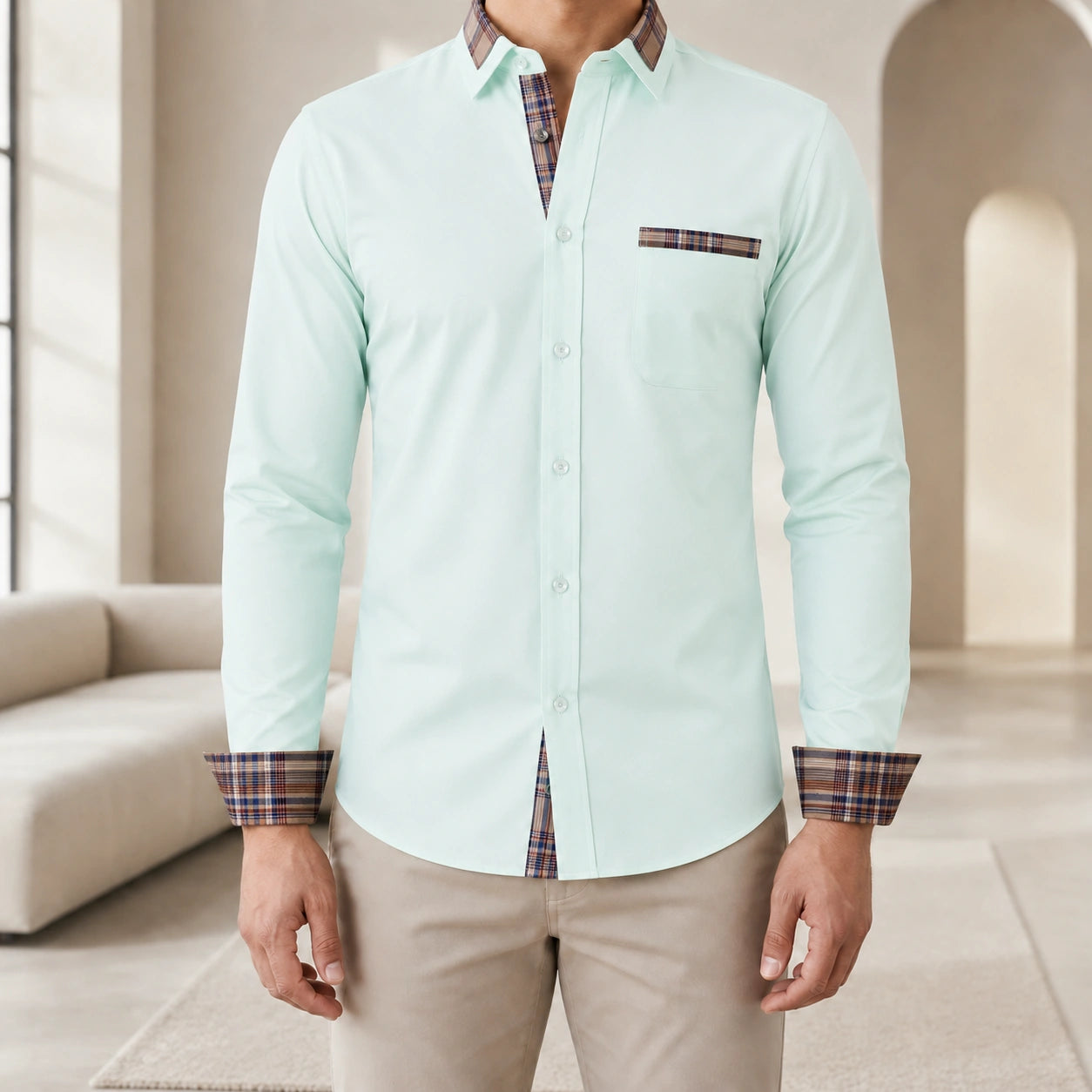 Mivanity Men's Stretch Color-Block Square Collar Shirts